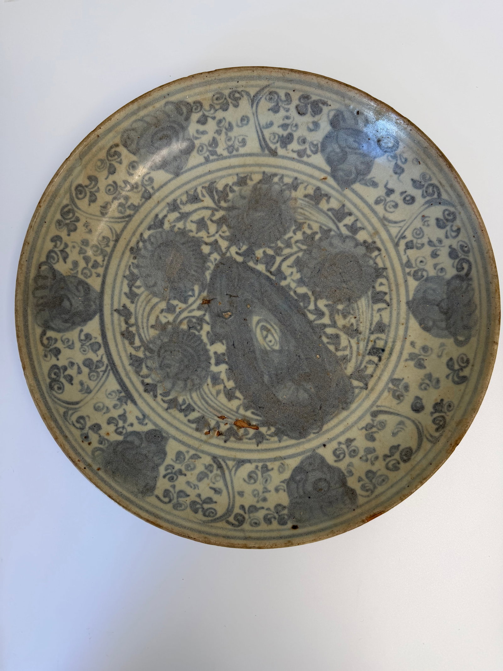Large Chinese antique blue and white stone and lotus porcelain China plate: Dimension: 12.3 inch, please note Due to manual measurement, dimensions may vary. , please note buyers are obligated to come to the site to inspect the condition and details of the item. condition rep