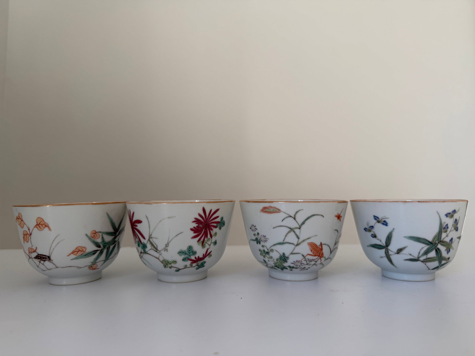 Set of 4 Chinese Enameled famille rose flowers porcelain China cups mark: Dimension: 3.3 inch, please note Due to manual measurement, dimensions may vary. , please note buyers are obligated to come to the site to inspect the condition and details of the item. condition