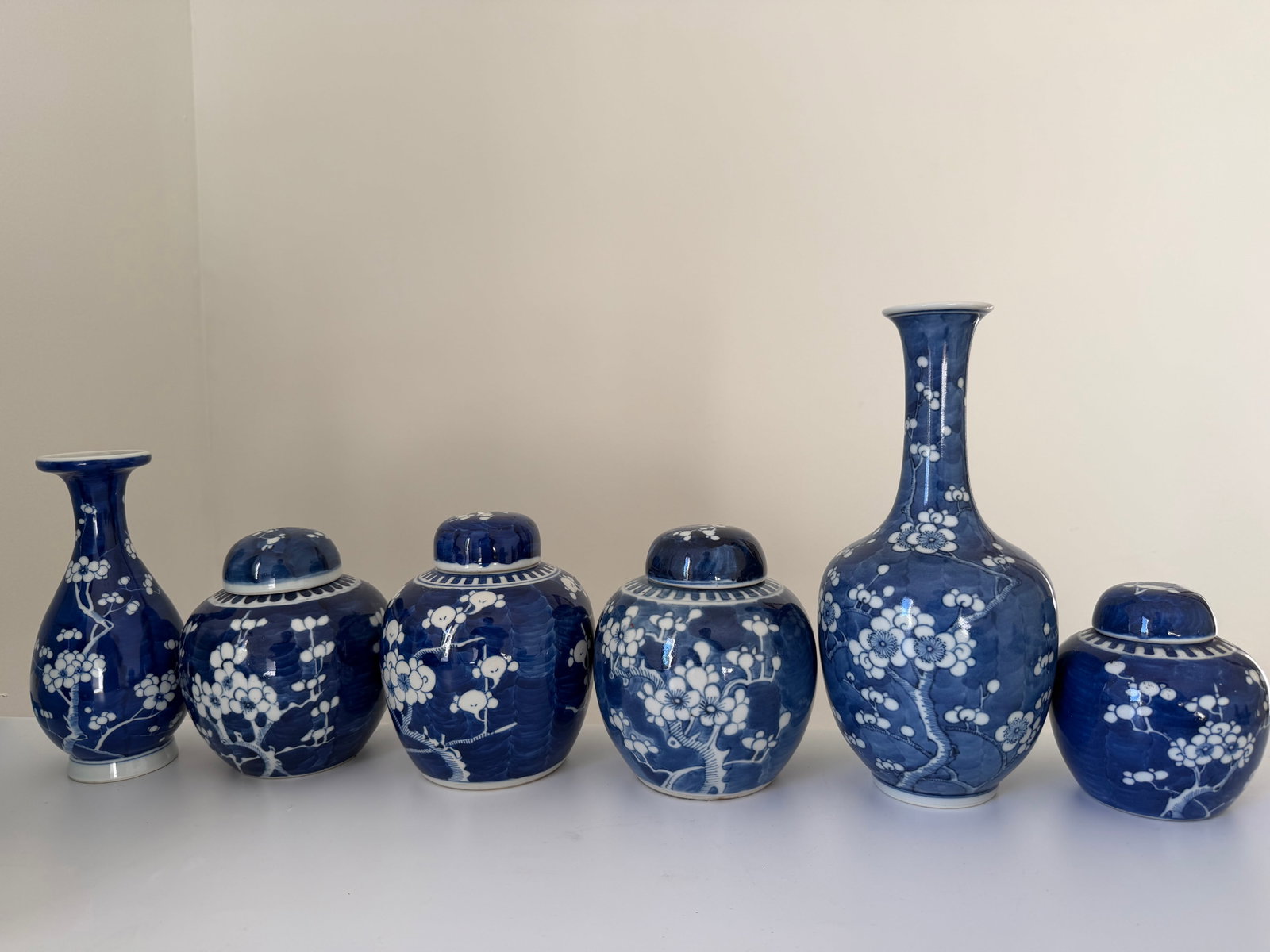 Set of 6 Chinese blue and white porcelain China plum bossom jars and vases: Dimension: 8.6 inch, please note Due to manual measurement, dimensions may vary. , please note buyers are obligated to come to the site to inspect the condition and details of the item. condition