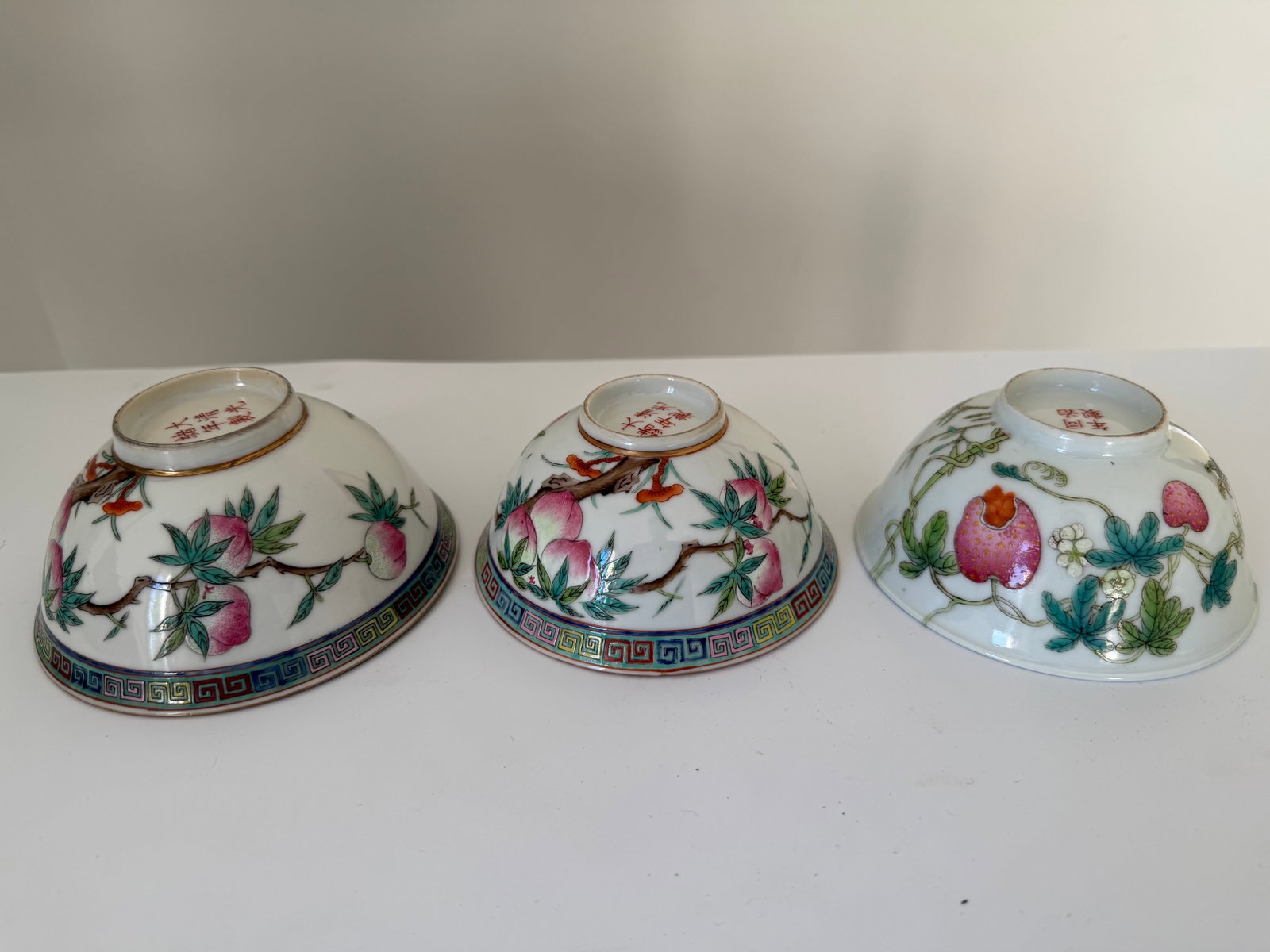 Set of 3 Chinese Enameled famille rose peach porcelain China bowls mark: Dimension: 4.6-4.9 inch, please note Due to manual measurement, dimensions may vary. , please note buyers are obligated to come to the site to inspect the condition and details of the item. condition