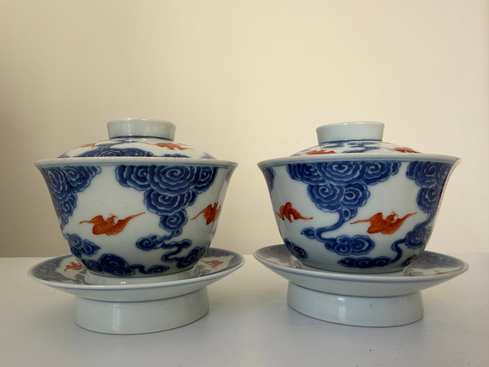 Chinese blue and white Enameled famille rose red bats porcelain China cups set: Dimension: 4.3 inch, please note Due to manual measurement, dimensions may vary. , please note buyers are obligated to come to the site to inspect the condition and details of the item. condition