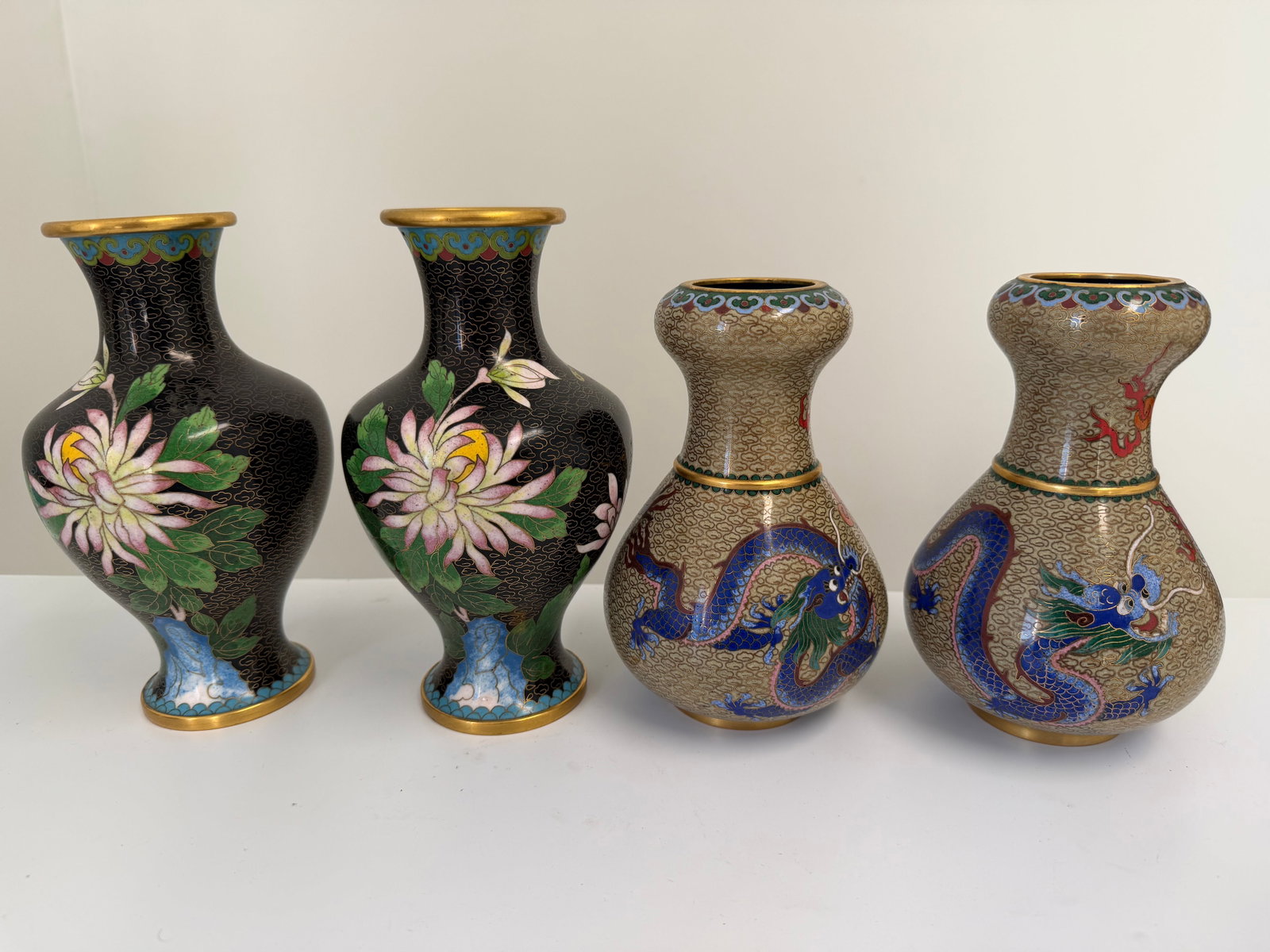 Set of 4 Chinese Cloisonn? vases: Dimension: Bigger pair tall 8.5 inch, please note Due to manual measurement, dimensions may vary. , please note buyers are obligated to come to the site to inspect the condition and details of the