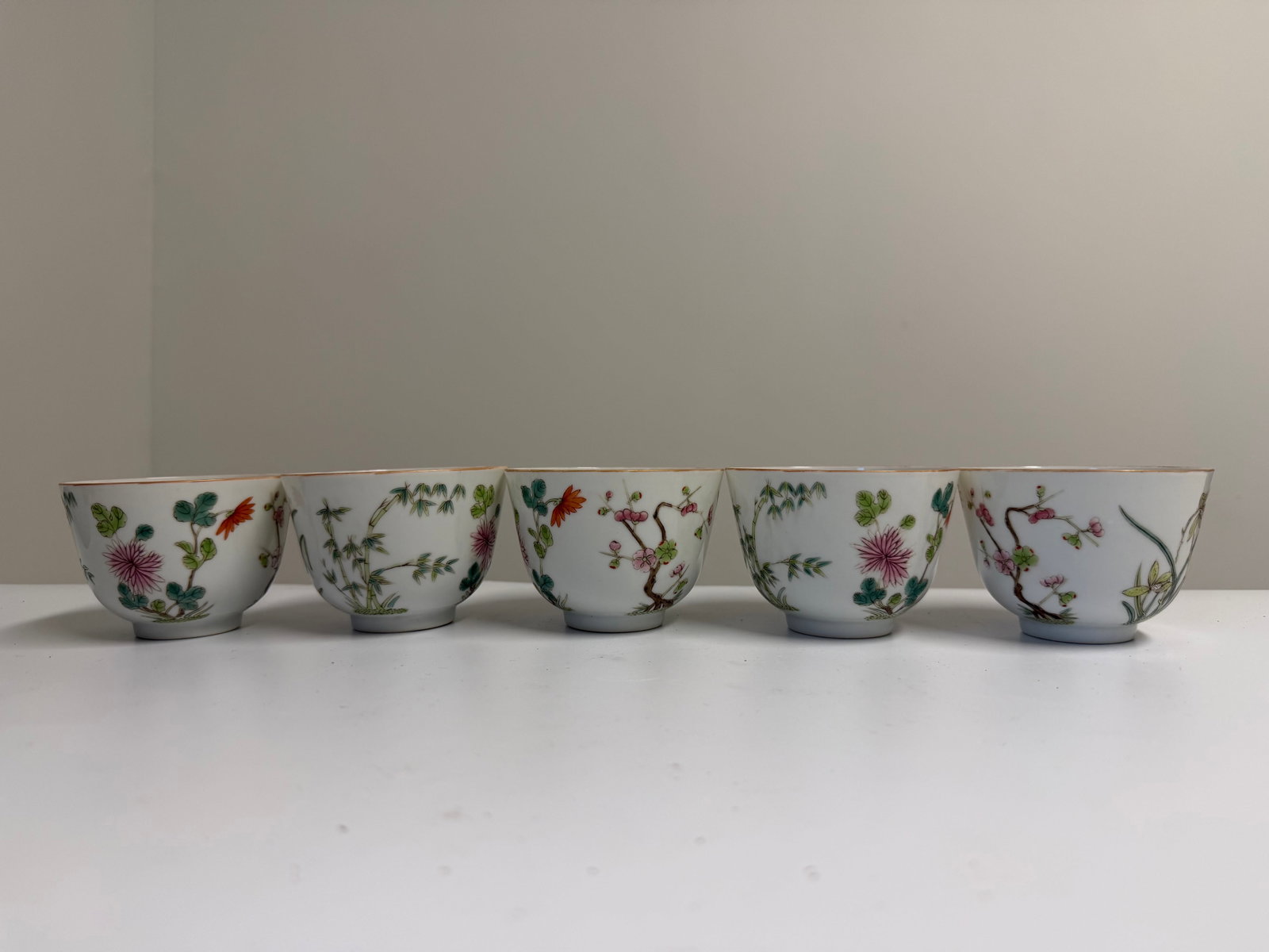 Set of 5 Chinese Enameled famille rose porcelain China cups: Dimension: 3.2 inch, please note Due to manual measurement, dimensions may vary. , please note buyers are obligated to come to the site to inspect the condition and details of the item. condition repo