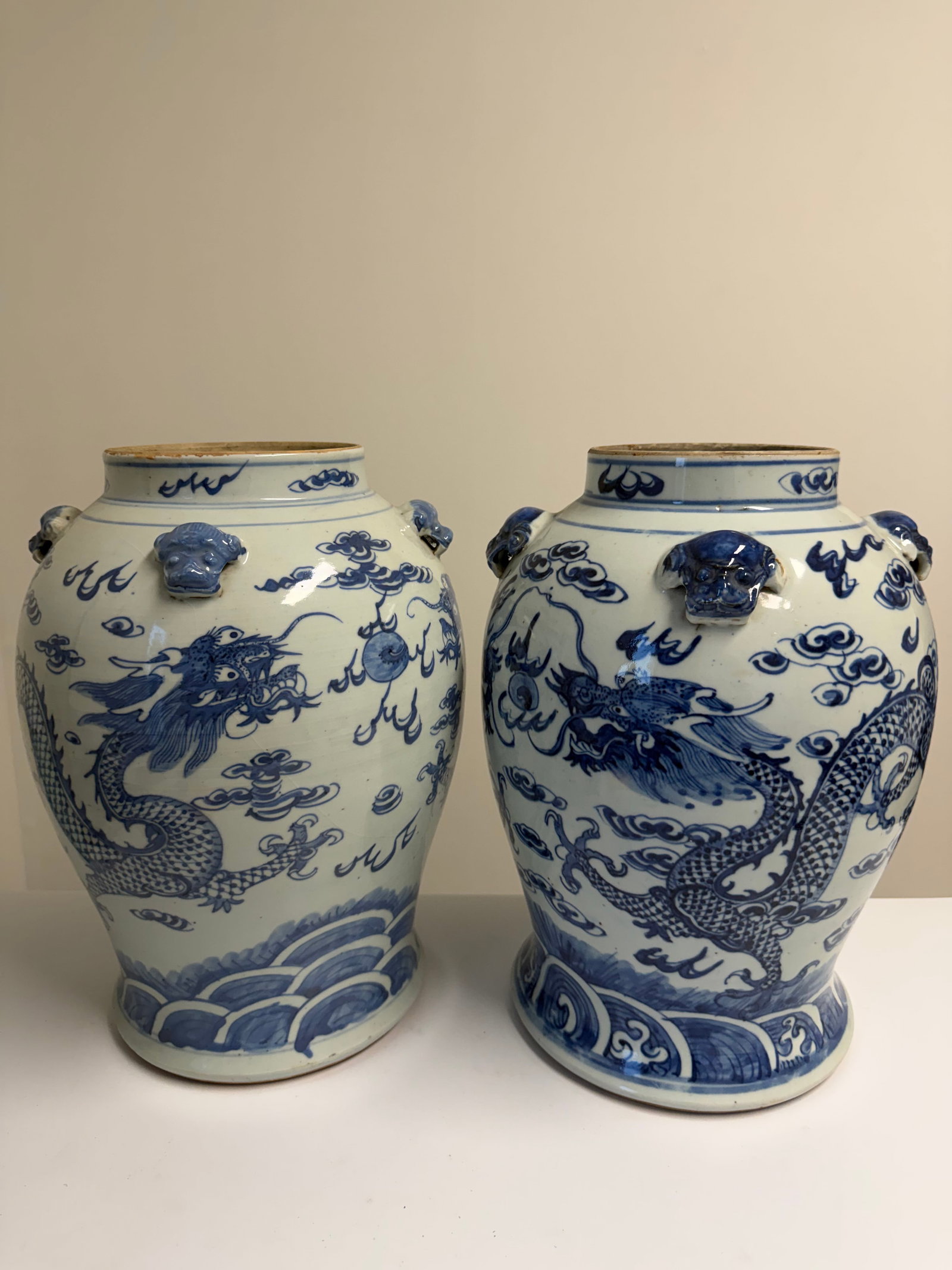 Pair of Large Chinese blue and white porcelain China dragons jars: Dimension: 15 inch, please note Due to manual measurement, dimensions may vary. , please note buyers are obligated to come to the site to inspect the condition and details of the item. condition repor