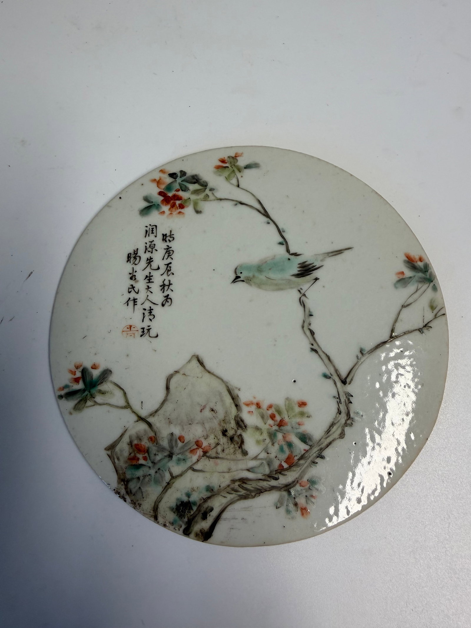 Chinese Enameled famille bird China schloar mark round plaque (1 of 9)
