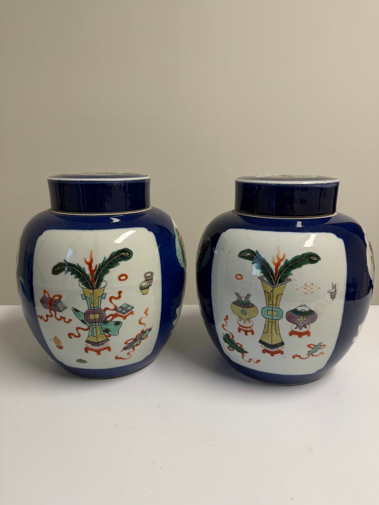 Pair of Chinese blue glazed Enameled famille rose schloar porcelain China ginger jars: Dimension: 9.5 inch, please note Due to manual measurement, dimensions may vary. , please note buyers are obligated to come to the site to inspect the condition and details of the item. condition repo