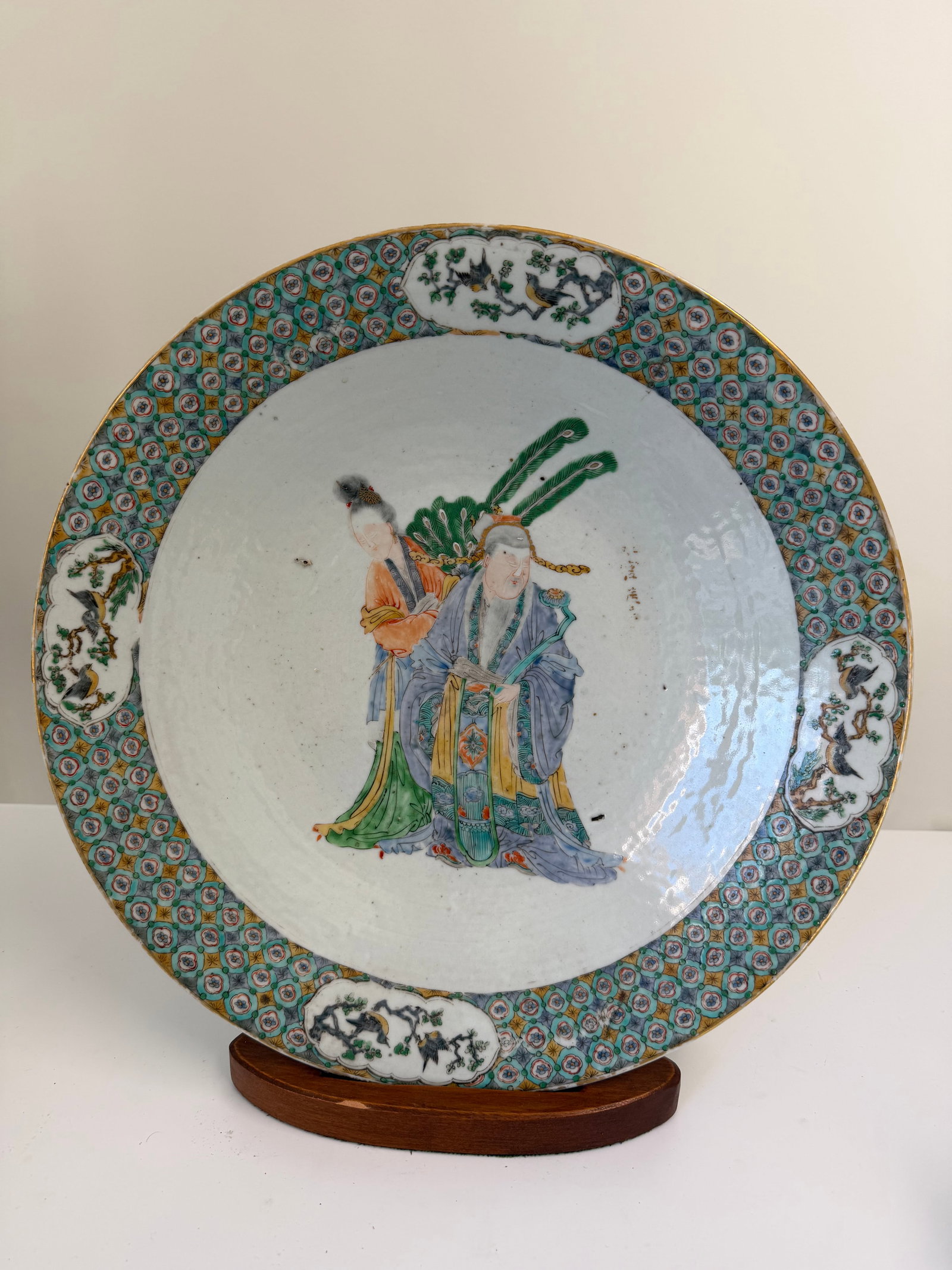 Large famille rose gilded green figures plate: Dimension: 14.5 inch, please note Due to manual measurement, dimensions may vary. , please note buyers are obligated to come to the site to inspect the condition and details of the item. condition rep