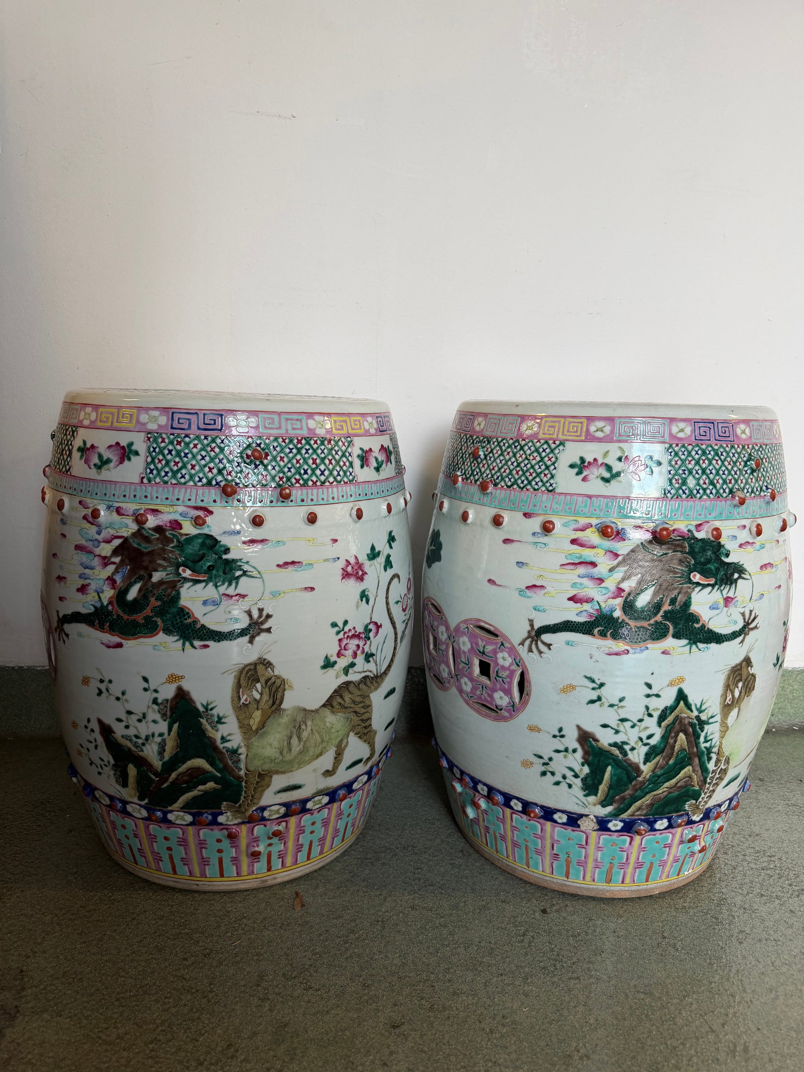 Large Pair of Chinese glazed famille rose dragon and tigers garden stools (1 of 13)
