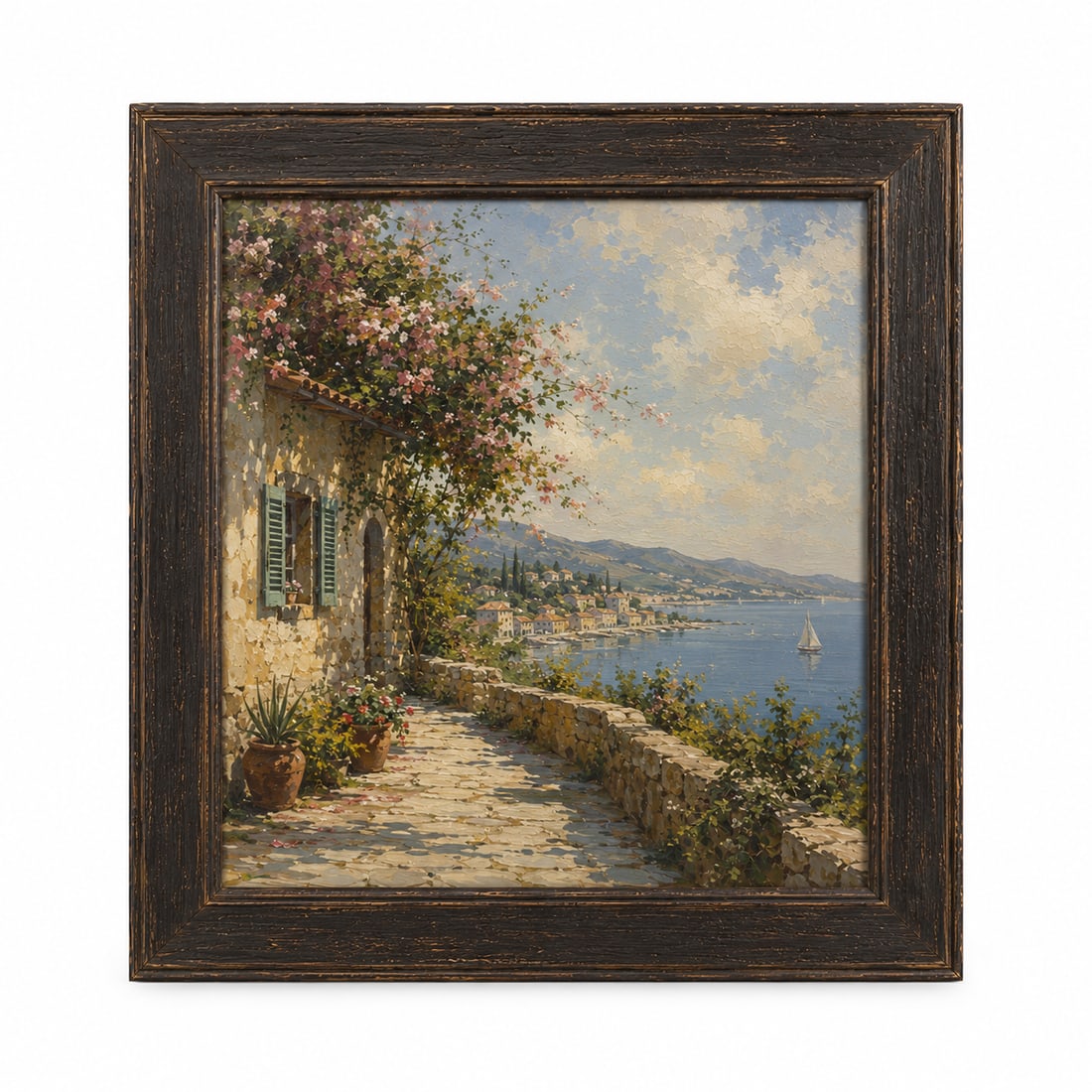 AMERICAN OIL PAINTING framed Sea View: Dimension: 16x16 inch, please note Due to manual measurement, dimensions may vary. Condition: Good used condition, please note buyers are obligated to come to the site to inspect the condition and det