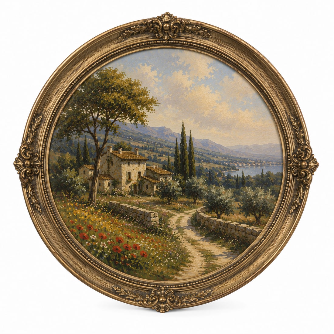 Vintage Oil Painting round Framed: Dimension: 12x12 inch, please note Due to manual measurement, dimensions may vary. Condition: Good used condition, please note buyers are obligated to come to the site to inspect the condition and