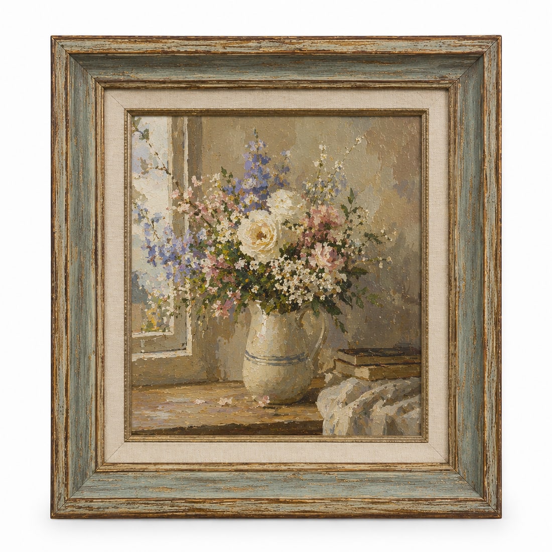 Vintage Oil Painting flowers Framed: Dimension: 16x16 inch, please note Due to manual measurement, dimensions may vary. Condition: Good used condition, please note buyers are obligated to come to the site to inspect the condition and