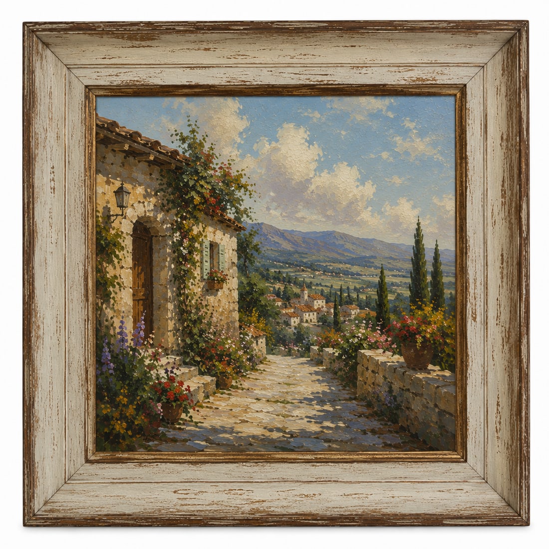 Vintage Oil Painting Rural houses Framed: Dimension: 18x18 inch, please note Due to manual measurement, dimensions may vary. Condition: Good used condition, please note buyers are obligated to come to the site to inspect the condition and
