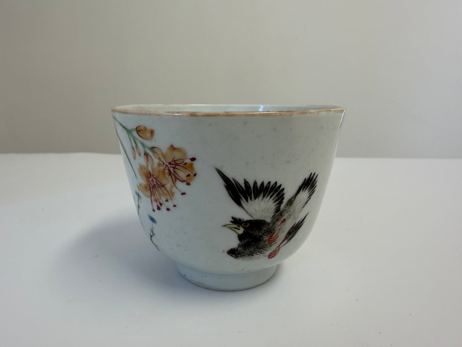 Chinese enamel famille rose bird porcelain cup scholar mark: Dimension: 3.25x2.5 inches , please note Due to manual measurement, dimensions may vary. Condition: Good used condition, please note buyers are obligated to come to the site to inspect the condition a