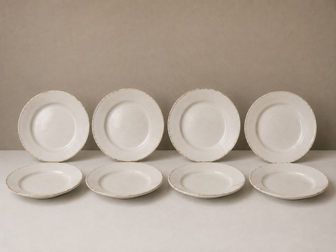 Vintage 8 White Glazed Plates: Dimension: 6 inches , please note Due to manual measurement, dimensions may vary. Condition: Good used condition, please note buyers are obligated to come to the site to inspect the condition and deta