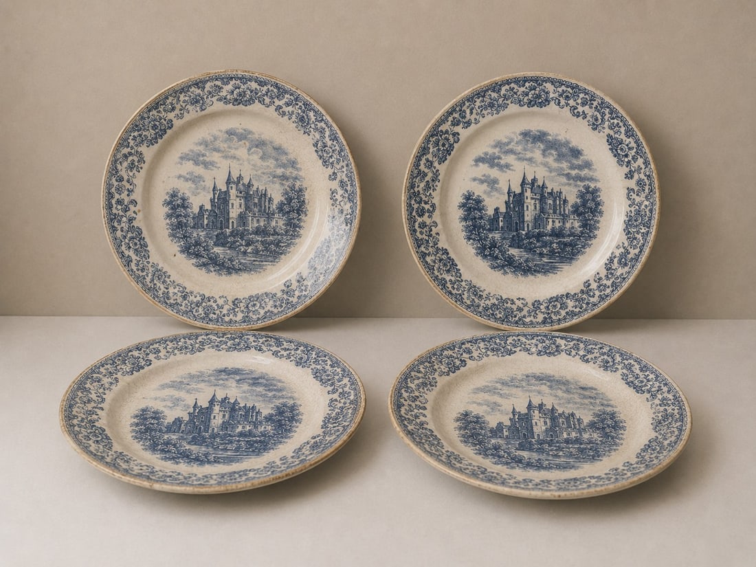 Set of 4 castle english porcelain plates: Dimension: 8 inches , please note Due to manual measurement, dimensions may vary. Condition: Good used condition, please note buyers are obligated to come to the site to inspect the condition and