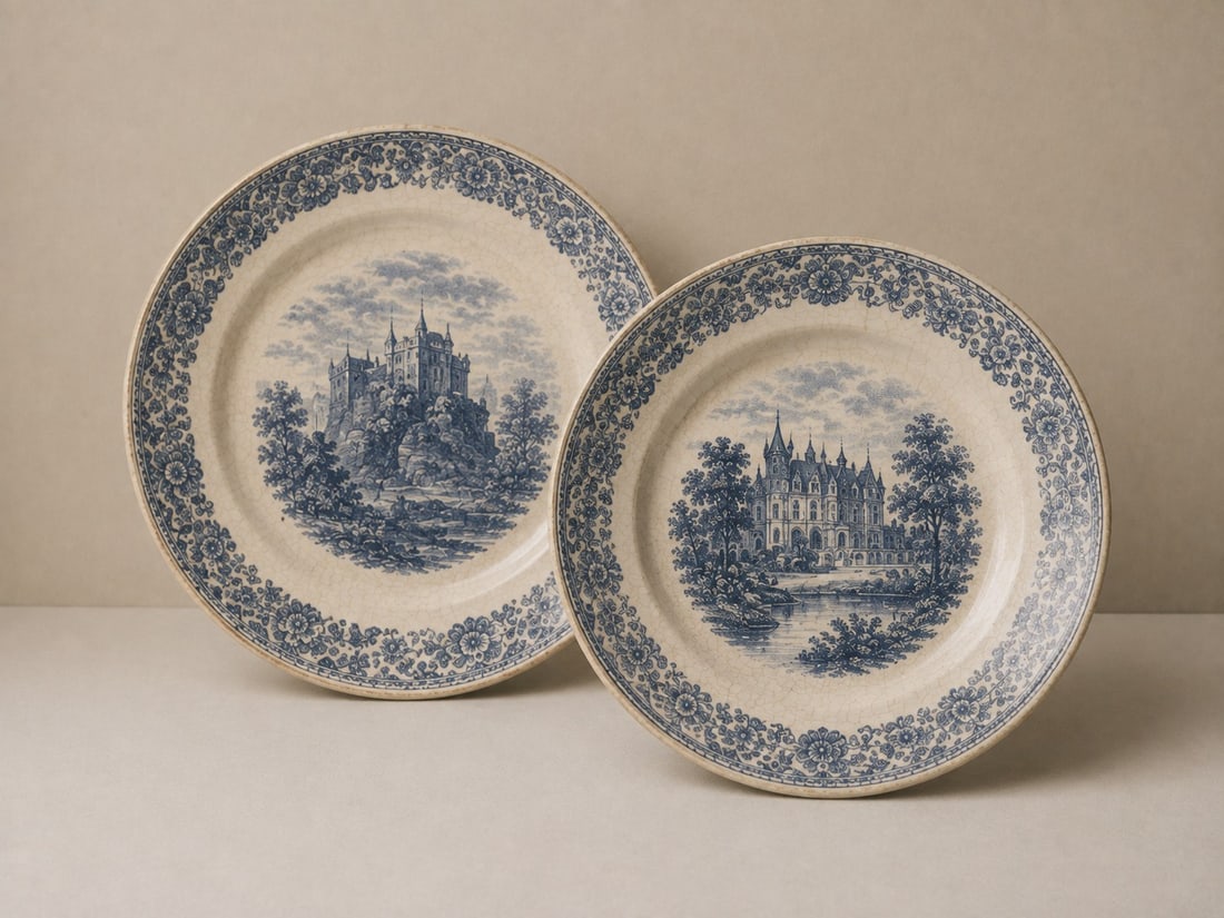 pair of castle english porcelain plates: Dimension: 8 inches , please note Due to manual measurement, dimensions may vary. Condition: Good used condition, please note buyers are obligated to come to the site to inspect the condition and