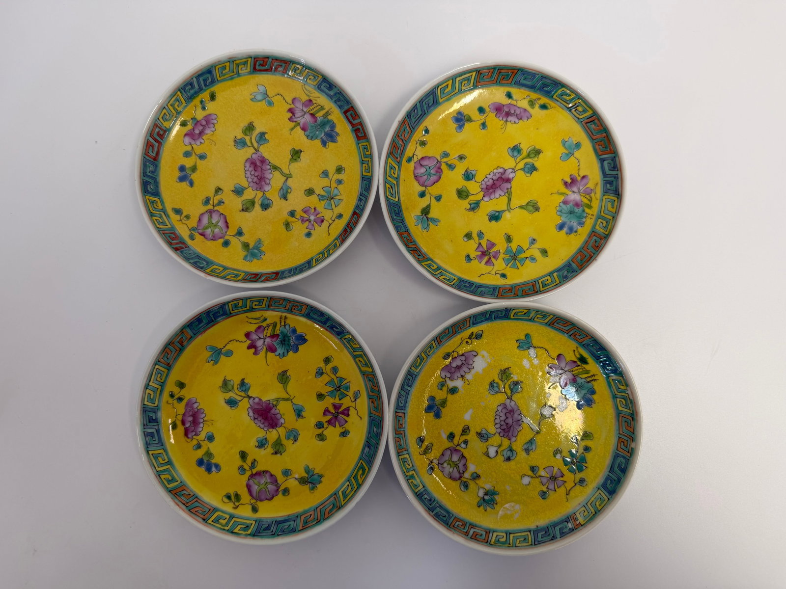 Set of 4 Chinese enamel famille rose flowers porcelain dishes mark: Dimension: 5.25 inches , please note Due to manual measurement, dimensions may vary. Condition: Good used condition, please note buyers are obligated to come to the site to inspect the condition and d