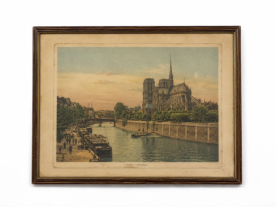 Vintage Paris River Scene Print: Dimension: 18 inches , please note Due to manual measurement, dimensions may vary. Condition: Good used condition, please note buyers are obligated to come to the site to inspect the condition and det