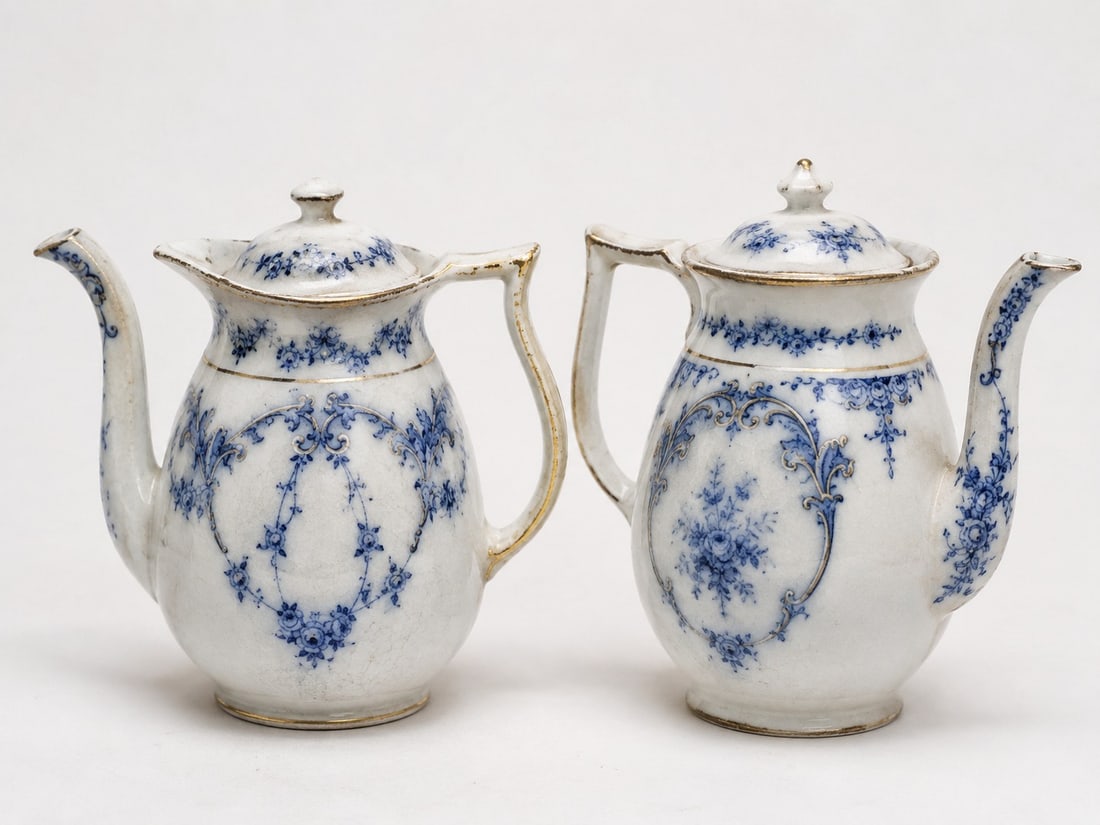 Pair Of Blue Floral Teapots: Dimension: 7.5 inches , please note Due to manual measurement, dimensions may vary. Condition: Good used condition, please note buyers are obligated to come to the site to inspect the condition and de