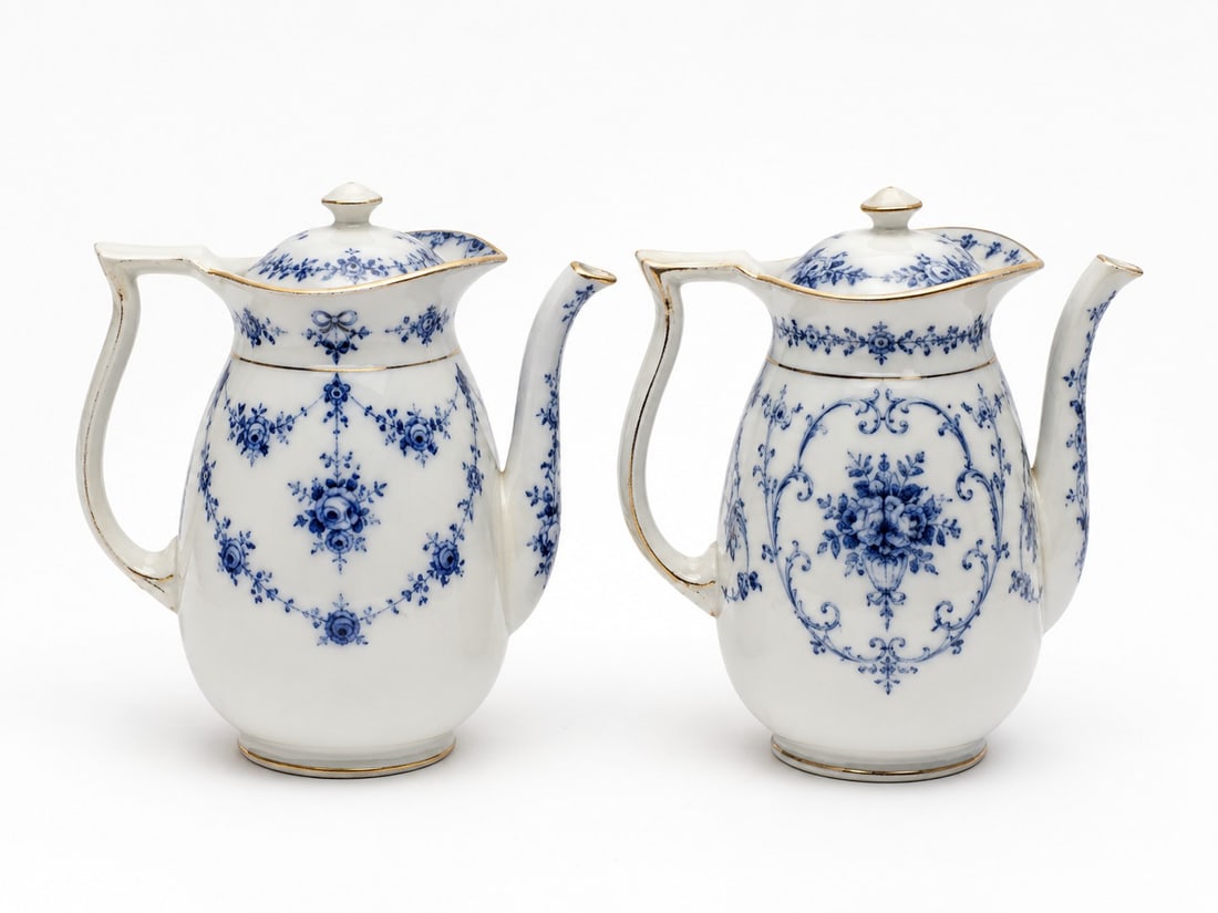 Pair Of Blue and white Gilded Floral Teapots: Dimension: 7.5 inches , please note Due to manual measurement, dimensions may vary. Condition: Good used condition, please note buyers are obligated to come to the site to inspect the condition and de