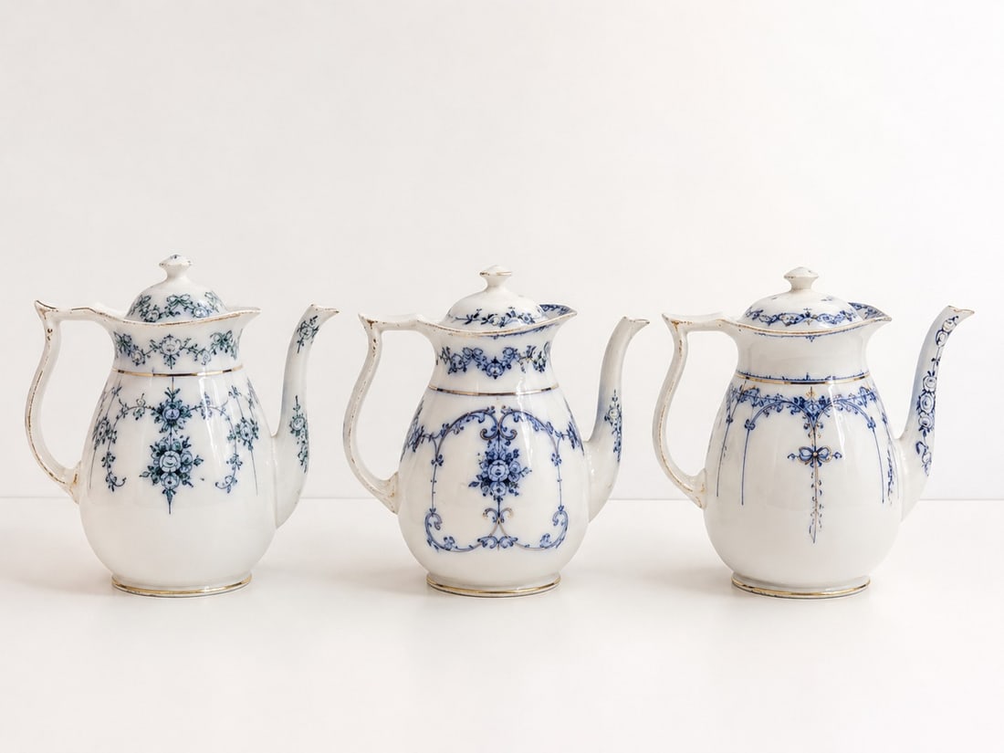 Set Of 3 Blue and white Floral Teapots: Dimension: 7.5 inches , please note Due to manual measurement, dimensions may vary. Condition: Good used condition, please note buyers are obligated to come to the site to inspect the condition and de