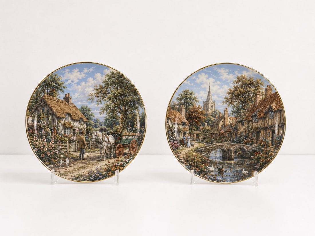 Pair Of Vintage Countryside Porcelain Plates: Dimension: 9 inches , please note Due to manual measurement, dimensions may vary. Condition: Good used condition, please note buyers are obligated to come to the site to inspect the condition and deta