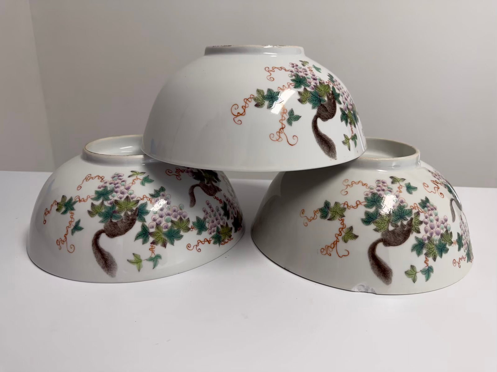 Set of 3 large Chinese enamel famille rose squirrels porcelain bowls scholar mark: Dimension: 9 inches , please note Due to manual measurement, dimensions may vary. Condition: Good used condition, please note buyers are obligated to come to the site to inspect the condition and deta