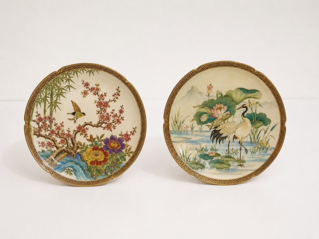 Pair of Japanese Painted Porcelain Plates: Dimension: 6.8 inches , please note Due to manual measurement, dimensions may vary. Condition: Good used condition, please note buyers are obligated to come to the site to inspect the condition and de