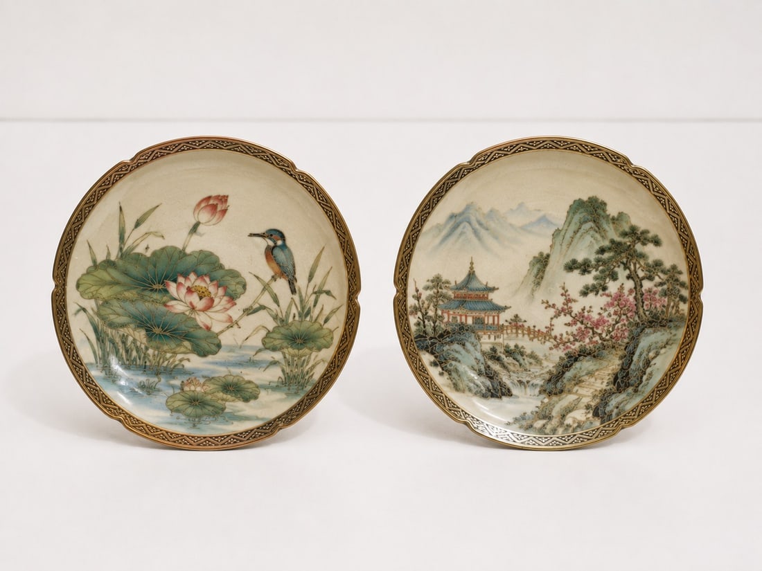 Pair of Japanese Painted Bird And Landscape Porcelain Plates: Dimension: 6.8 inches , please note Due to manual measurement, dimensions may vary. Condition: Good used condition, please note buyers are obligated to come to the site to inspect the condition and de