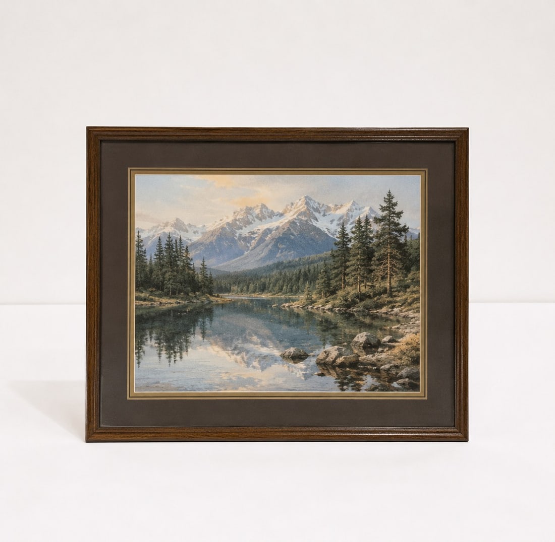 Framed Mountain Lake Landscape Print: Dimension: 18 inches , please note Due to manual measurement, dimensions may vary. Condition: Good used condition, please note buyers are obligated to come to the site to inspect the condition and det