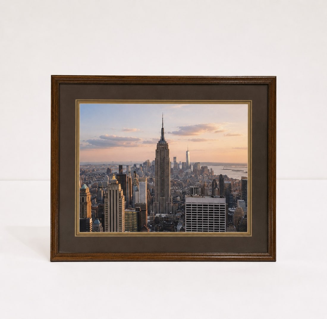 Framed New York Skyline at Sunset: Dimension: 18 inches , please note Due to manual measurement, dimensions may vary. Condition: Good used condition, please note buyers are obligated to come to the site to inspect the condition and det