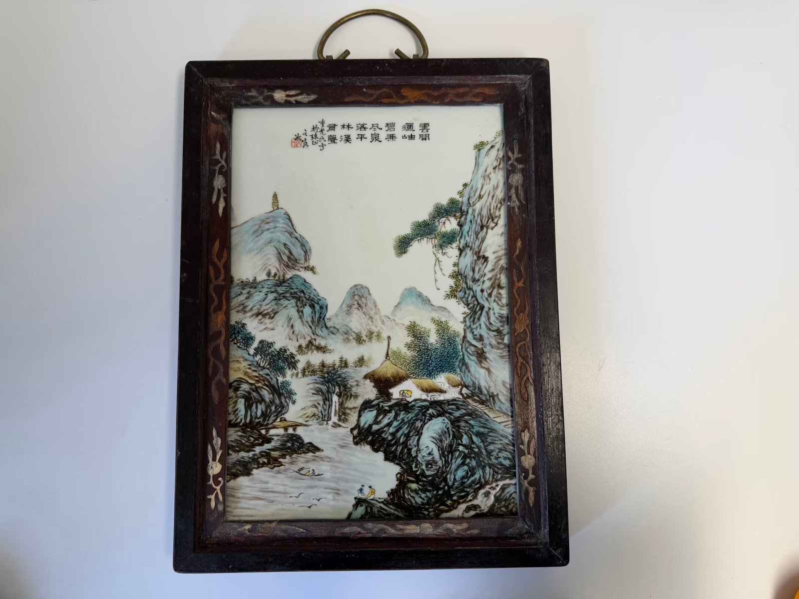 Chinese enamel famille rose landscape and Fall porcelain plaque scholar mark with framed (1 of 5)