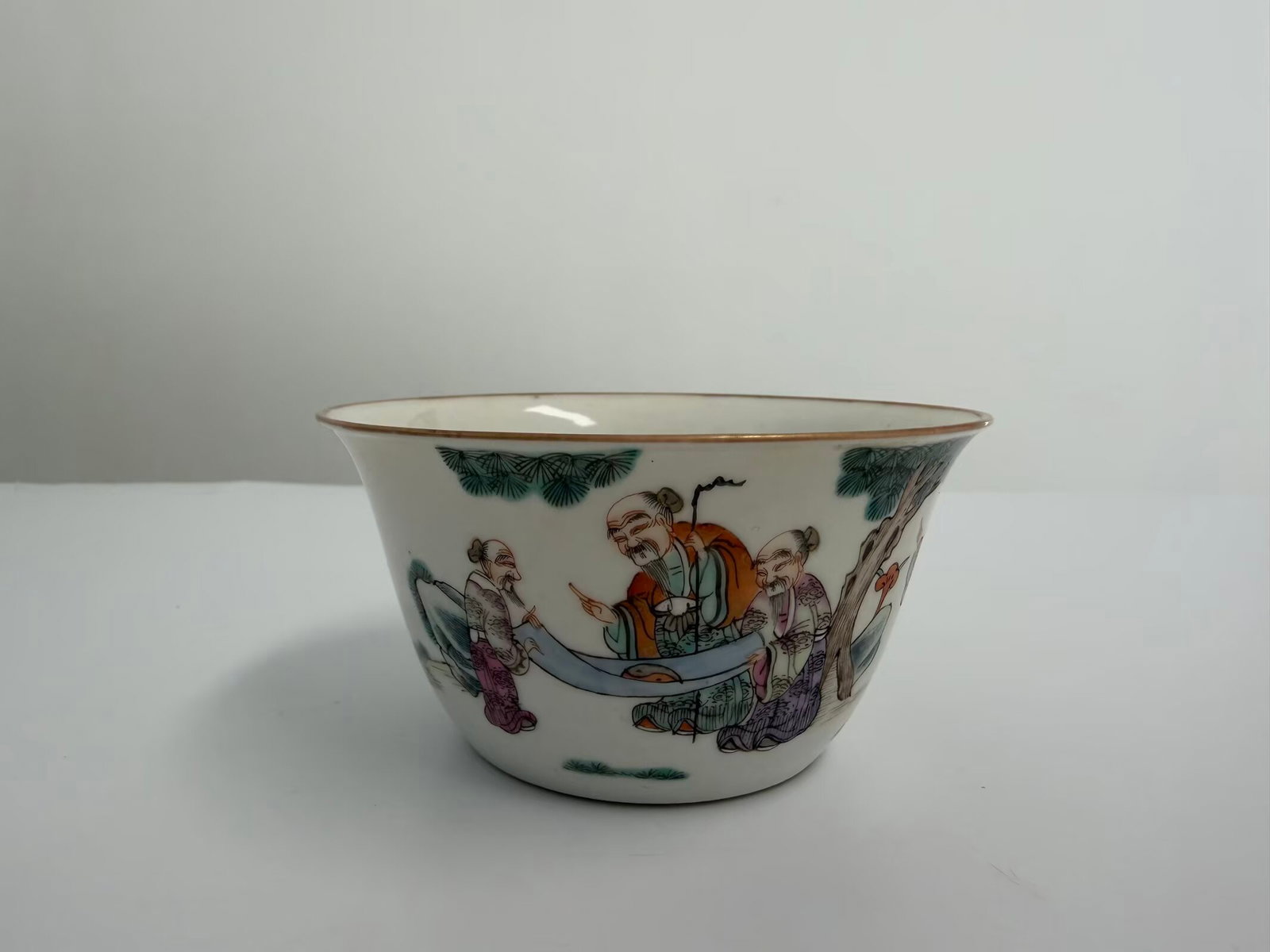 Chinese enamel famille rose figures porcelain bowl: Dimension: 4x2 inches , please note Due to manual measurement, dimensions may vary. Condition: Good used condition, please note buyers are obligated to come to the site to inspect the condition and de