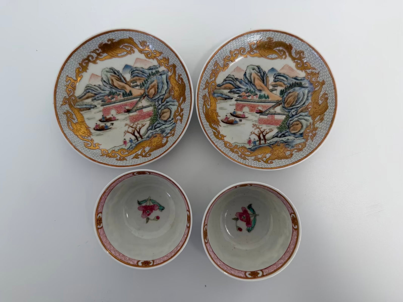 Pair of Chinese export enamel famille rose flowers porcelain cups & saucers (1 of 5)