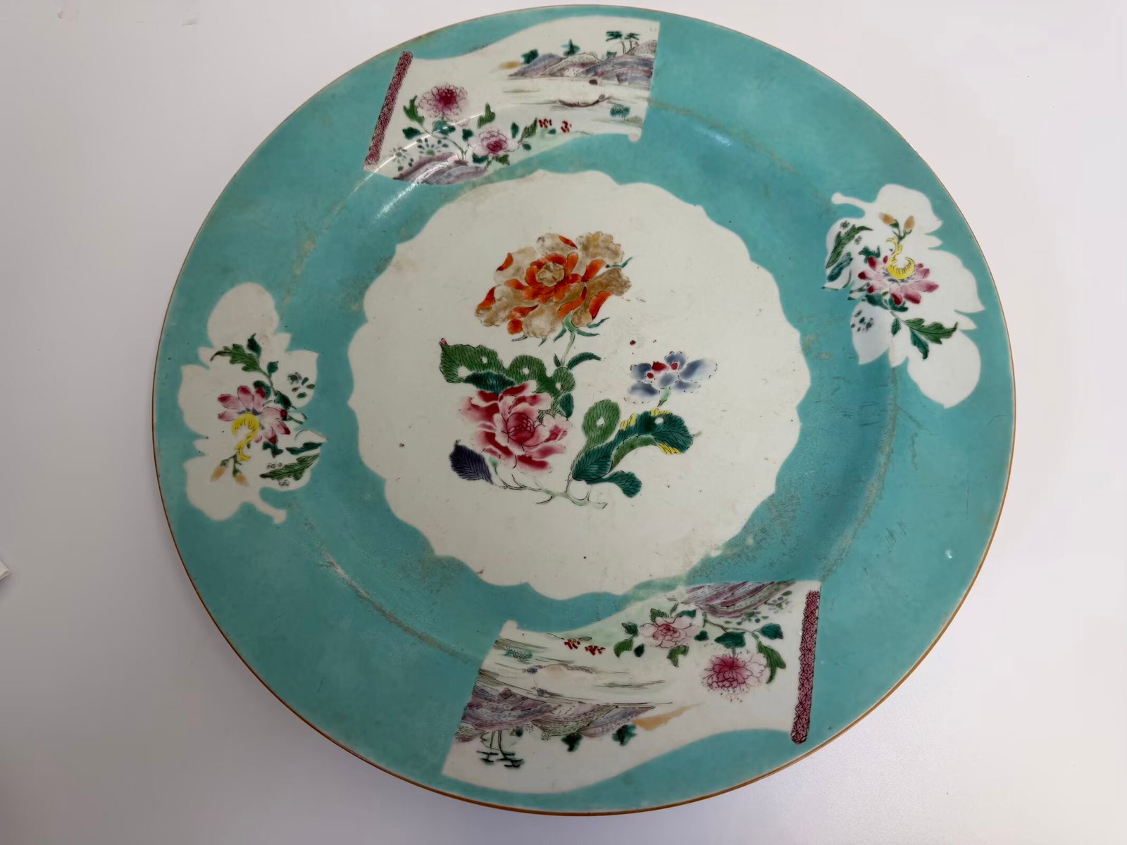 Large Chinese enamel famille rose flowers porcelain plate (1 of 6)