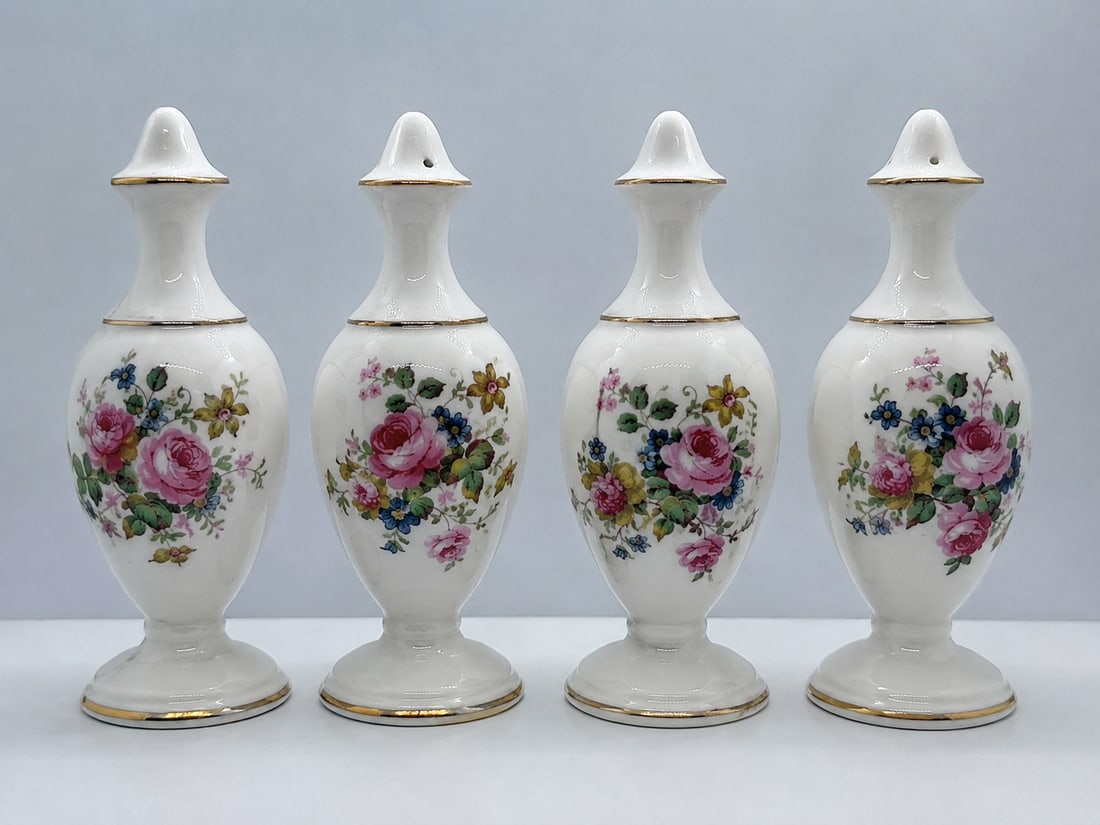Set of 4 Vintage Chelson China Floral Fine Bone China Salt & Pepper Shakers: Dimension: 9 inches , please note Due to manual measurement, dimensions may vary. Condition: Good used condition, please note buyers are obligated to come to the site to inspect the condition and deta