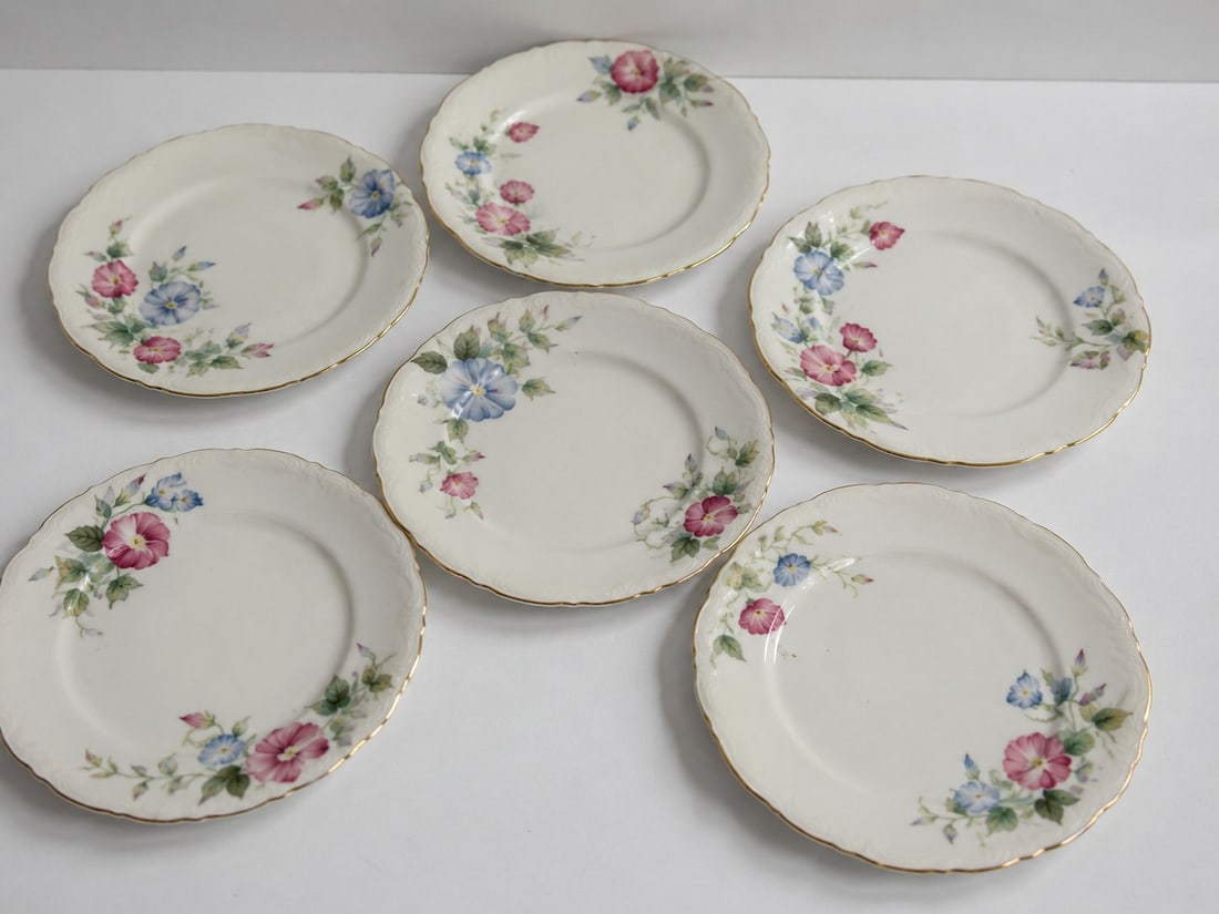 Set Of 6 Floral Porcelain Plates: Dimension: 8 inches , please note Due to manual measurement, dimensions may vary. Condition: Good used condition, please note buyers are obligated to come to the site to inspect the condition and deta