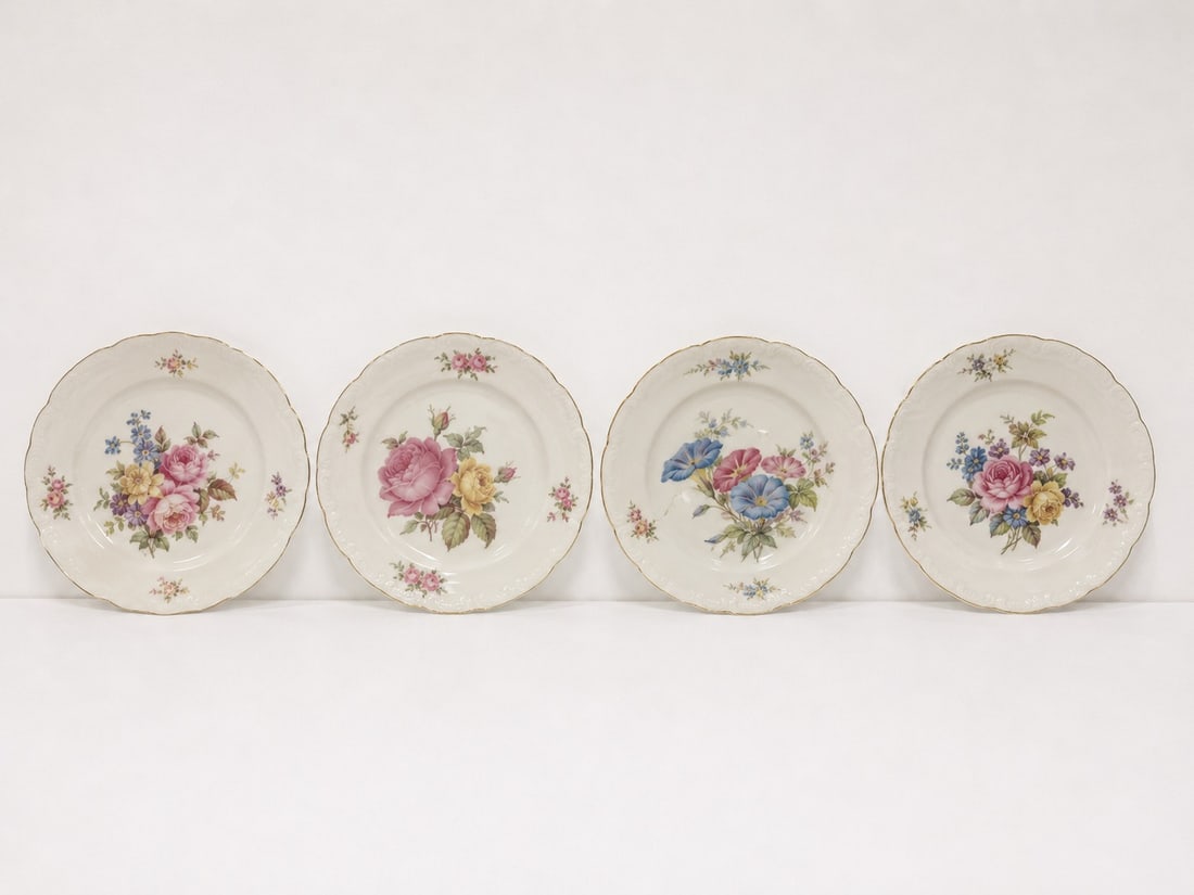 Set Of 4 Floral Porcelain Plates: Dimension: 8 inches , please note Due to manual measurement, dimensions may vary. Condition: Good used condition, please note buyers are obligated to come to the site to inspect the condition and deta