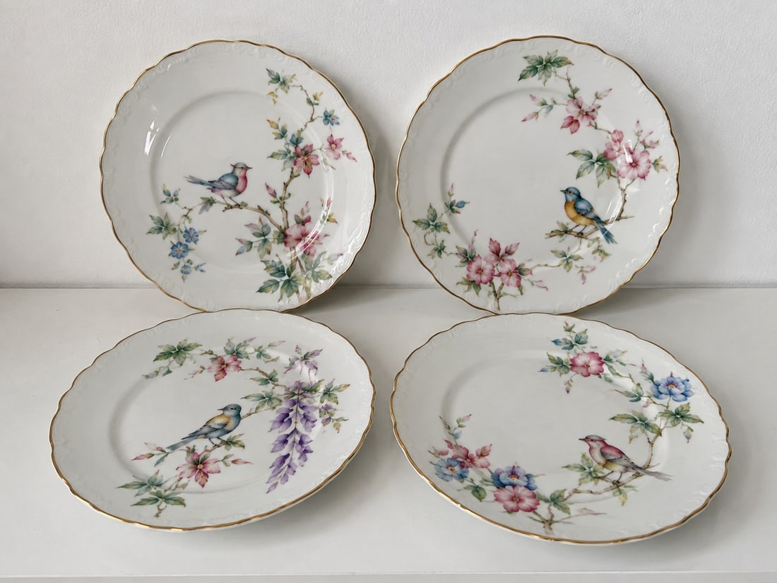 Set Of 4 Floral Bird Porcelain Plates: Dimension: 8 inches , please note Due to manual measurement, dimensions may vary. Condition: Good used condition, please note buyers are obligated to come to the site to inspect the condition and deta
