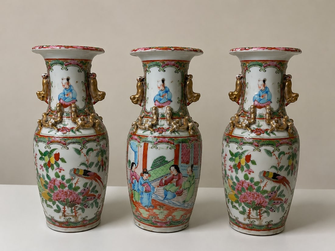 Set of 3 Chinese Enameled famille rose gilded porcelain vases: Dimension: 7.5 inches , please note Due to manual measurement, dimensions may vary. Condition: Good used condition, please note buyers are obligated to come to the site to inspect the condition and de