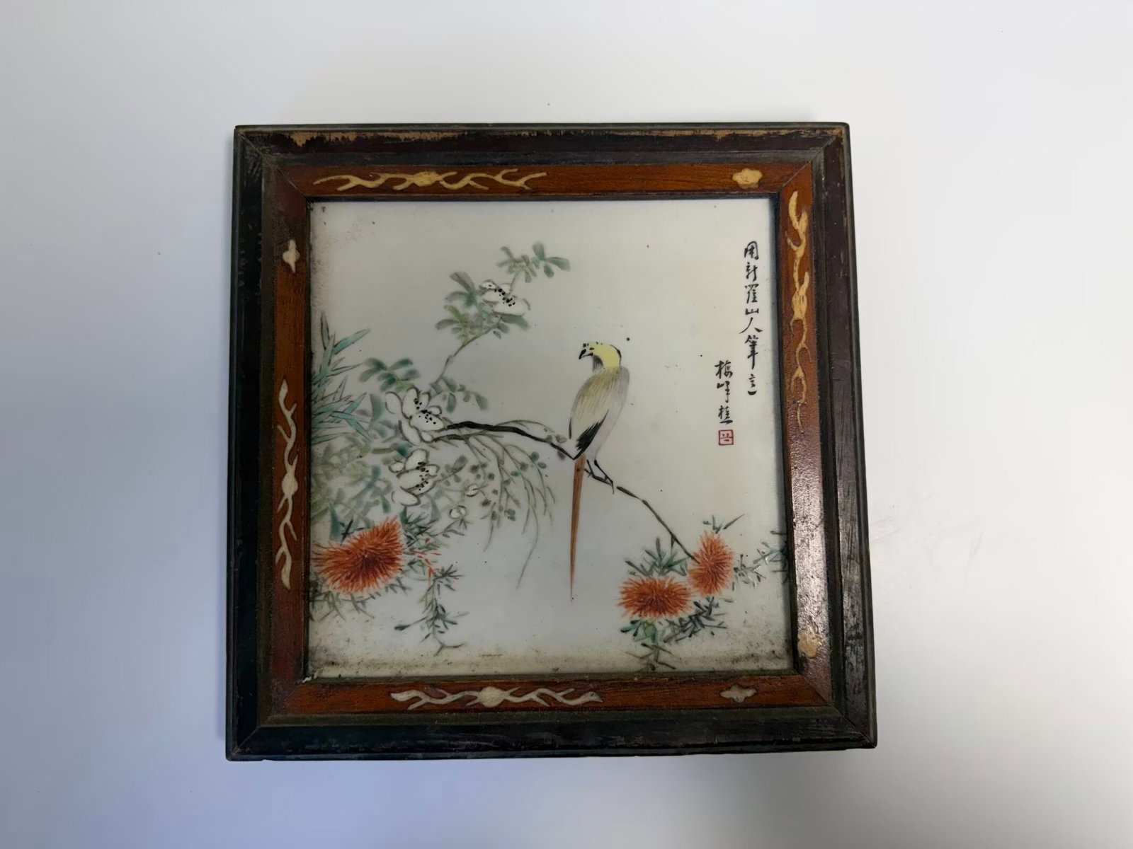 Chinese enamel famille rose bird porcelain plaque scholar mark with framed: Dimension: 9.3x9.3 inches , please note Due to manual measurement, dimensions may vary. Condition: Good used condition, please note buyers are obligated to come to the site to inspect the condition an