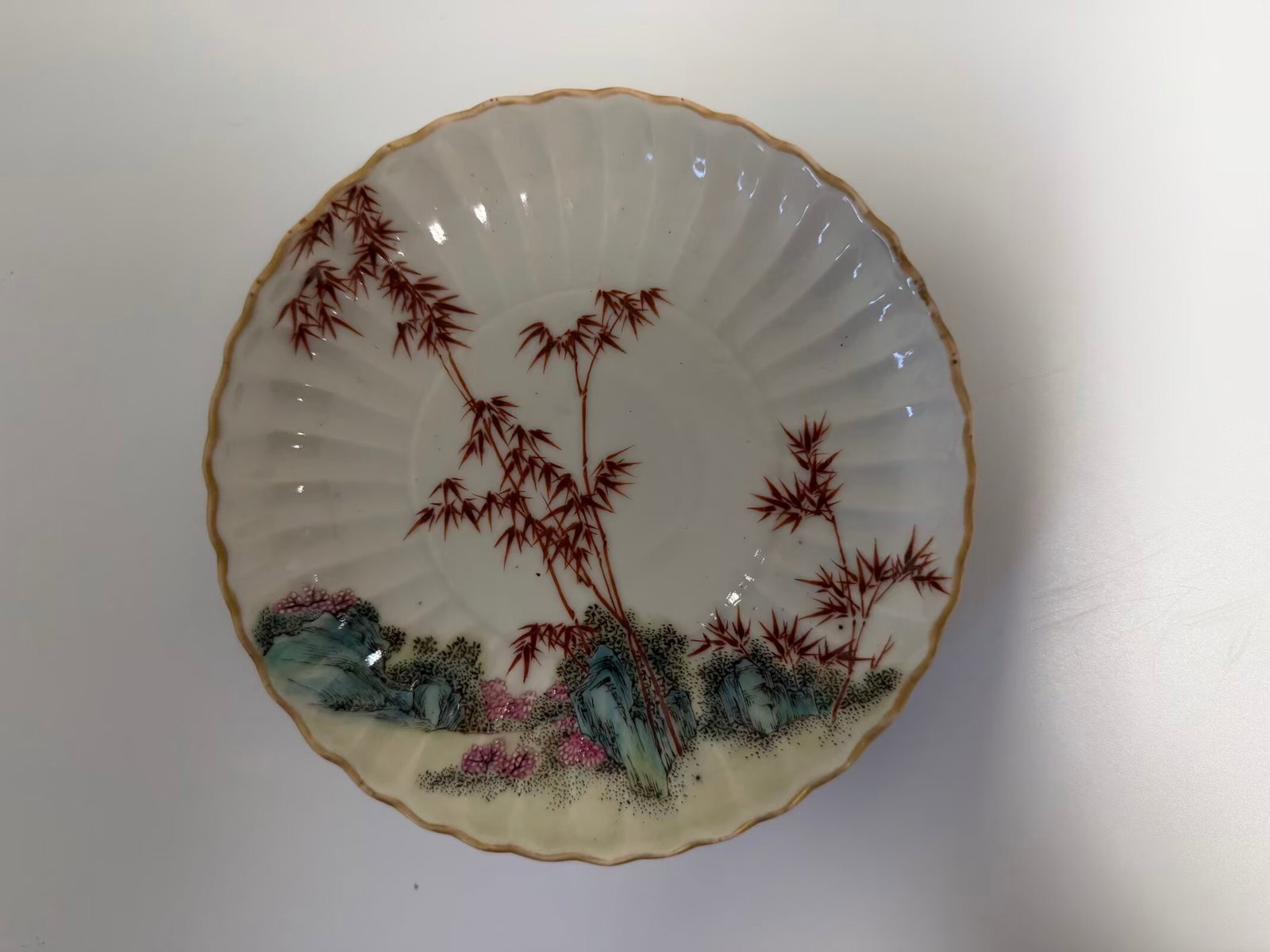 Chinese enamel famille rose bamboo porcelain plate mark: Dimension: 5.75 inches , please note Due to manual measurement, dimensions may vary. Condition: Good used condition, please note buyers are obligated to come to the site to inspect the condition and d