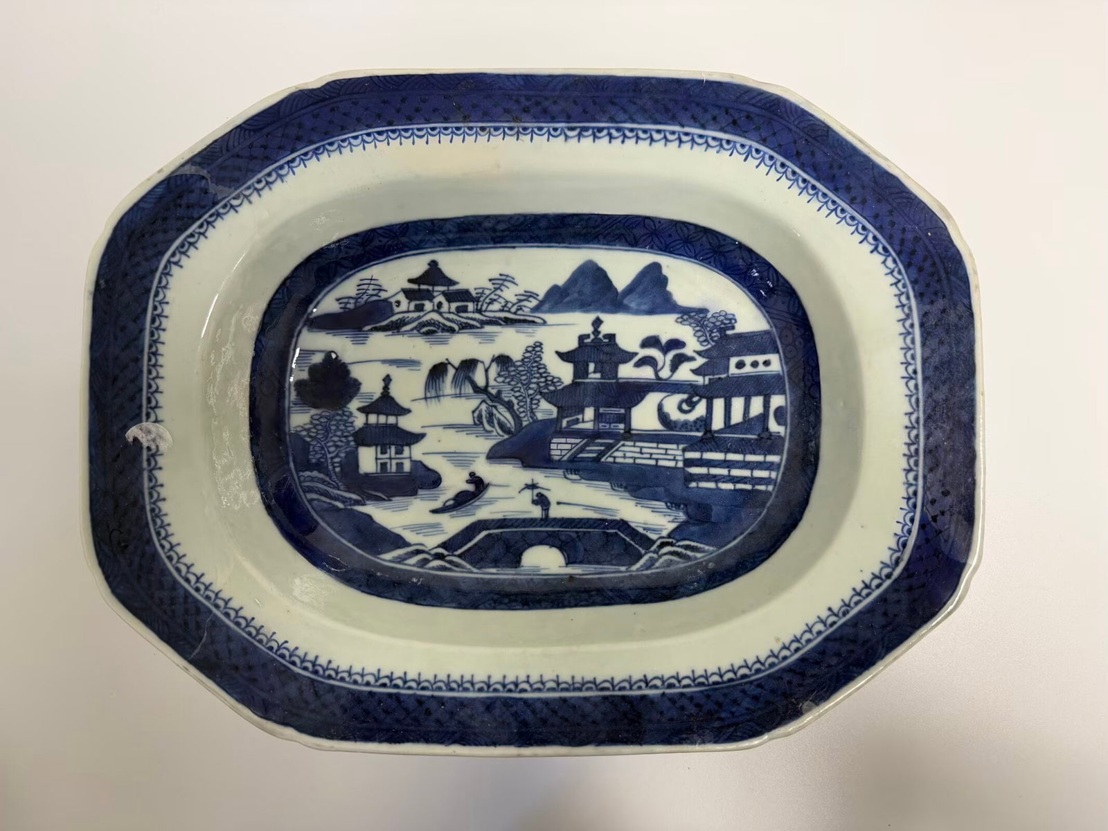 Large Chinese blue and white landscape porcelain charger: Dimension: 14.2x10.8 inches , please note Due to manual measurement, dimensions may vary. Condition: Good used condition, please note buyers are obligated to come to the site to inspect the condition 