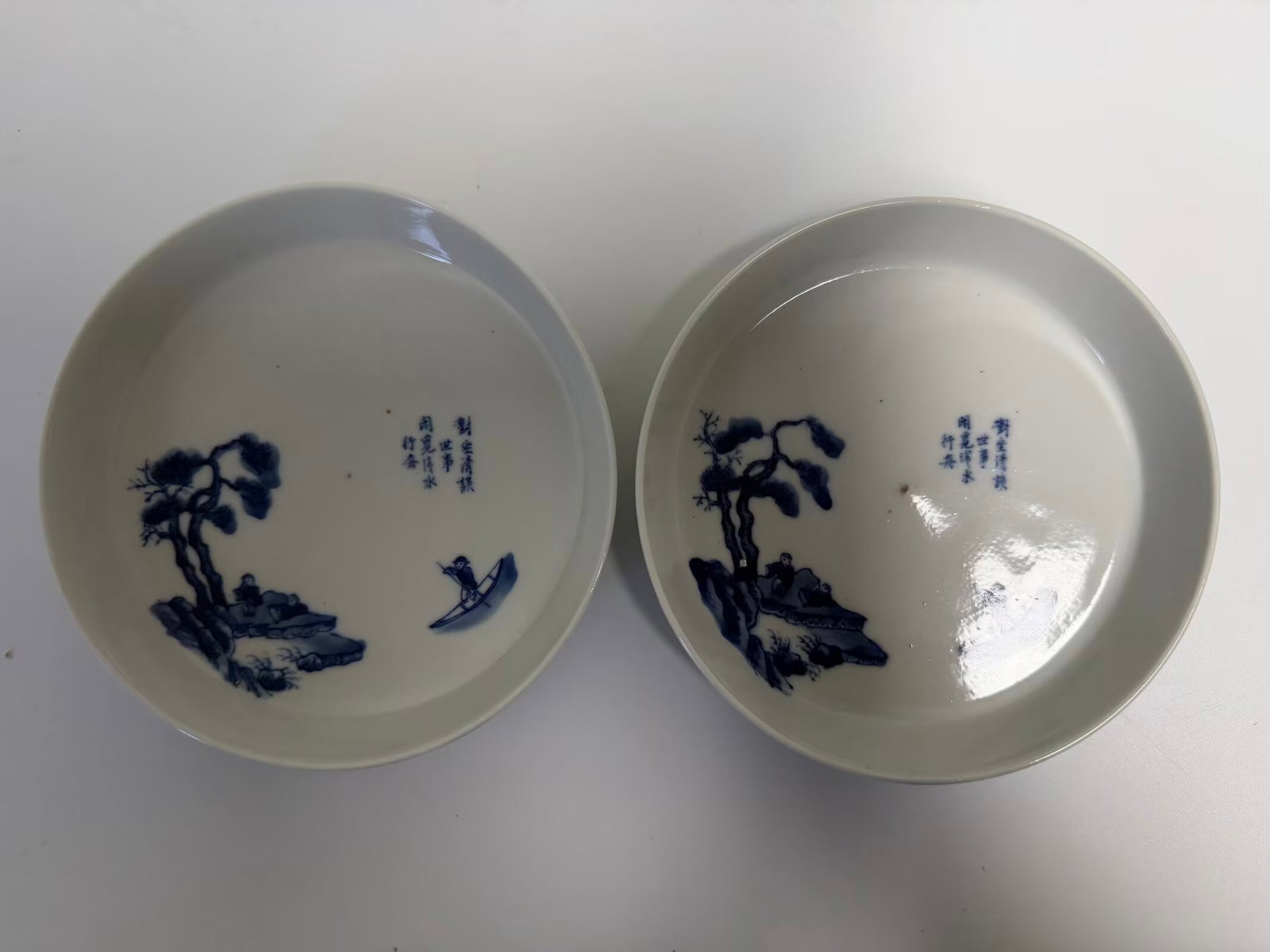 Pair Chinese blue and white landscape porcelain plates with mark (1 of 5)