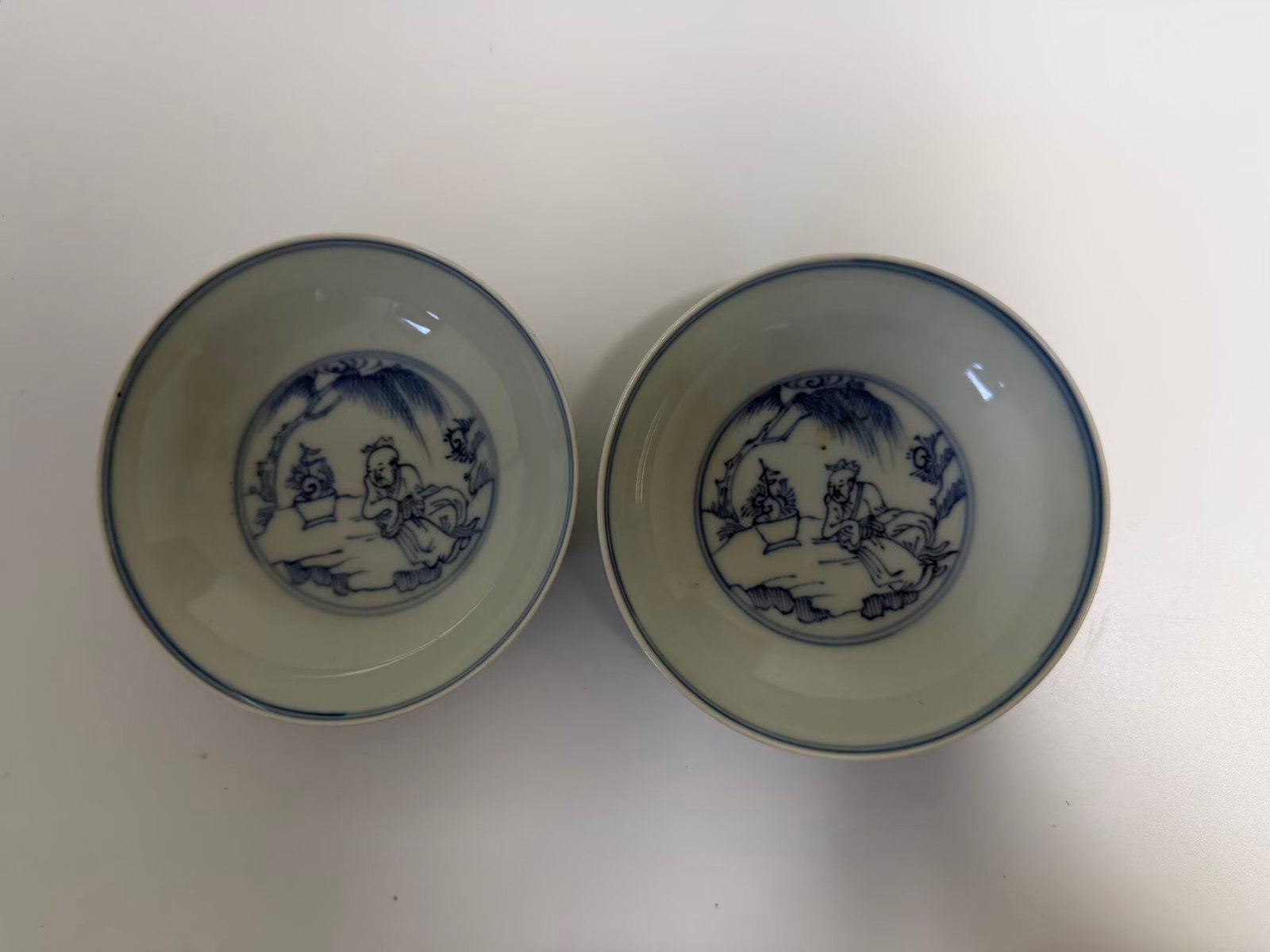 Pair Chinese blue and white scholar porcelain plates with mark (1 of 5)