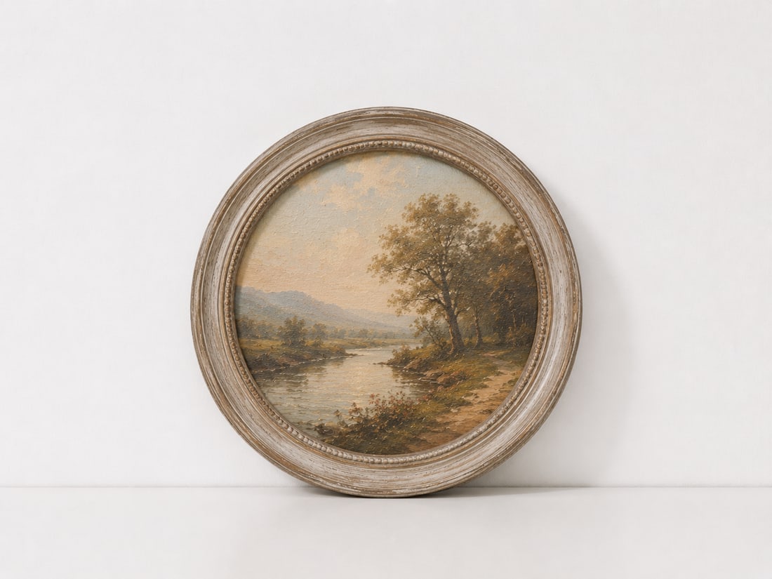 Frame with Tranquil River Landscape: Dimension: 15 inches , please note Due to manual measurement, dimensions may vary. Condition: Good used condition, please note buyers are obligated to come to the site to inspect the condition and det