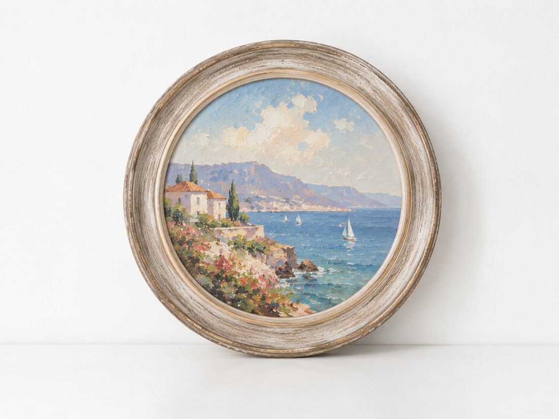 Frame with Tranquil River Landscape Round: Dimension: 12 inches , please note Due to manual measurement, dimensions may vary. Condition: Good used condition, please note buyers are obligated to come to the site to inspect the condition and