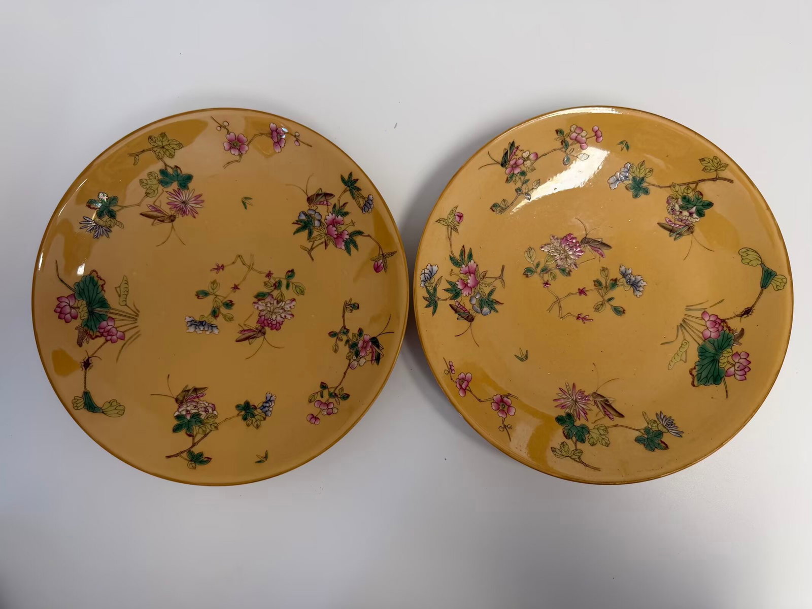 Pair of Chinese yellow glazed enamel famille rose insect and flowers plates mark: Dimension: 9.4 inches , please note Due to manual measurement, dimensions may vary. Condition: Good used condition, please note buyers are obligated to come to the site to inspect the condition and