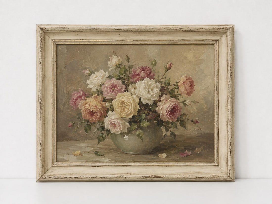 Vintage Floral Still Life in Ornate Frame: Dimension: 18 inches , please note Due to manual measurement, dimensions may vary. Condition: Good used condition, please note buyers are obligated to come to the site to inspect the condition and