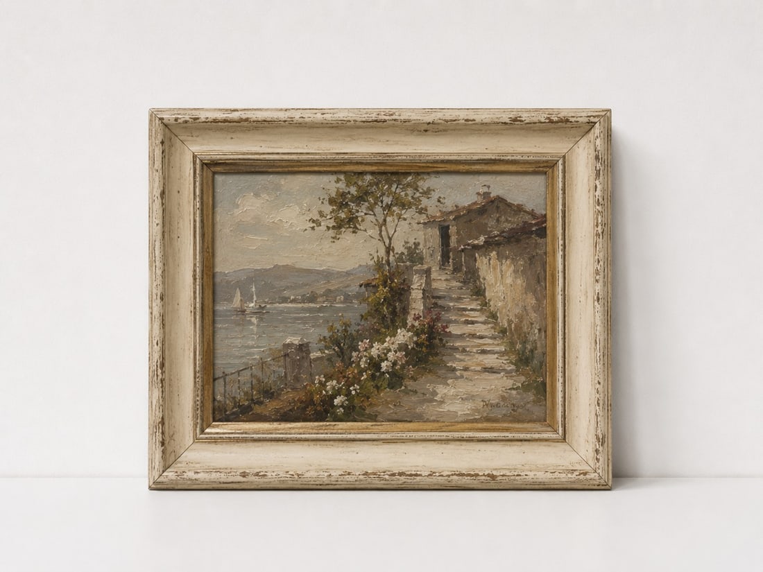 Framed Impressionist Coastal Village Landscape: Dimension: 13.5 inches , please note Due to manual measurement, dimensions may vary. Condition: Good used condition, please note buyers are obligated to come to the site to inspect the condition and d